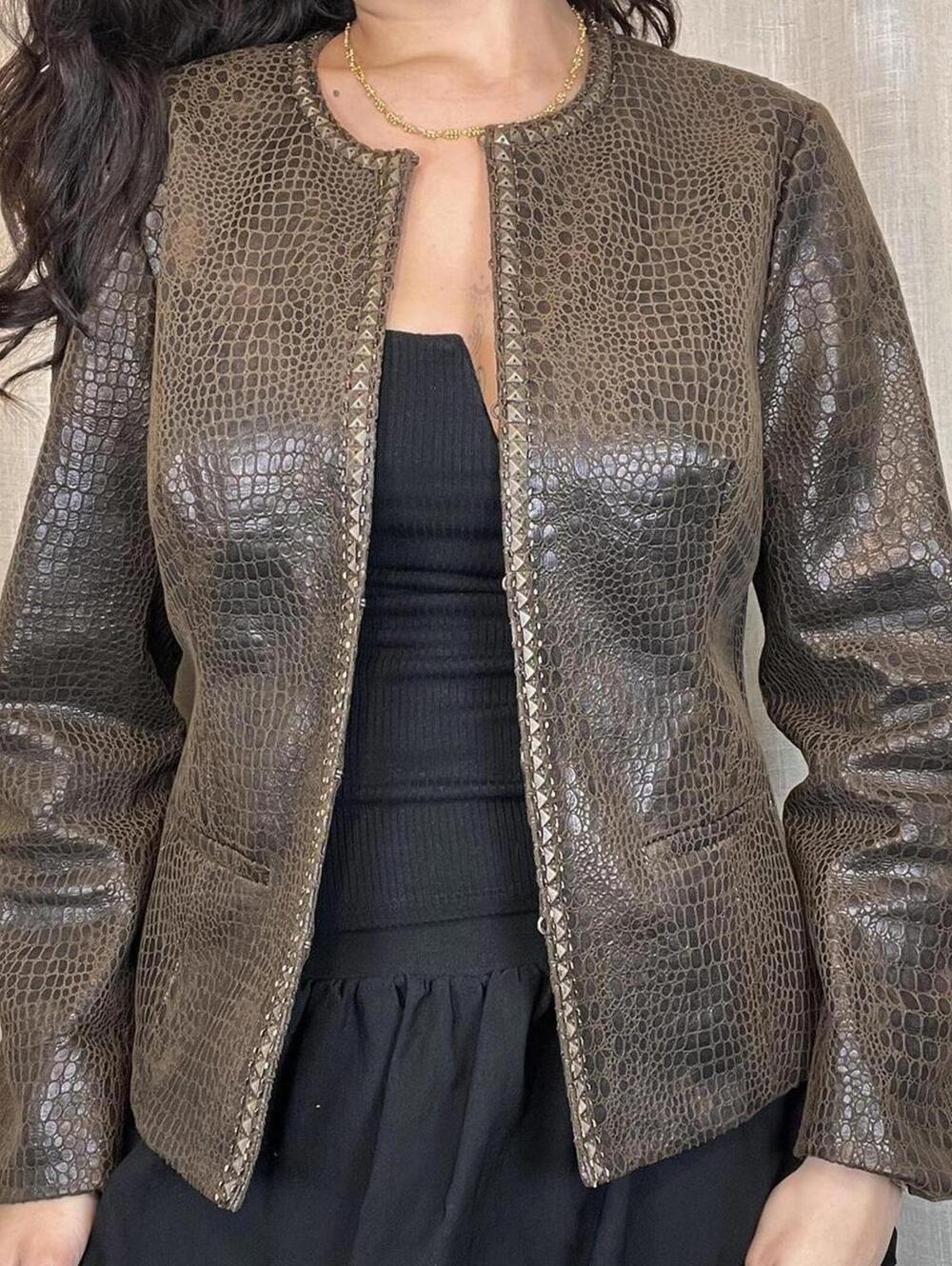 Chico’s brown faux croc jacket with studs